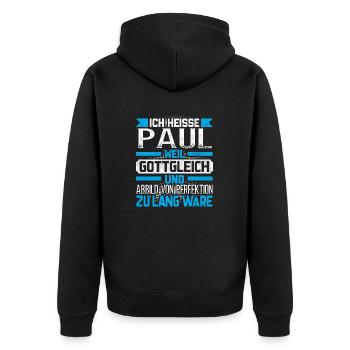 PAUL - Gottgleich Geschenk - Unisex Premium Bio Zip Hoodie - Schwarz - Hinten - Nico (187cm)