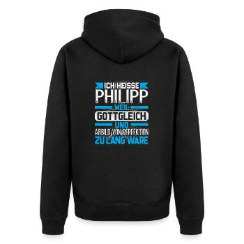 PHILIPP - Gottgleich Geschenk - Unisex Premium Bio Zip Hoodie - Schwarz - Hinten - Nico (187cm)