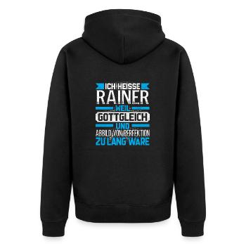 RAINER - Gottgleich Geschenk - Unisex Premium Bio Zip Hoodie - Schwarz - Hinten - Nico (187cm)