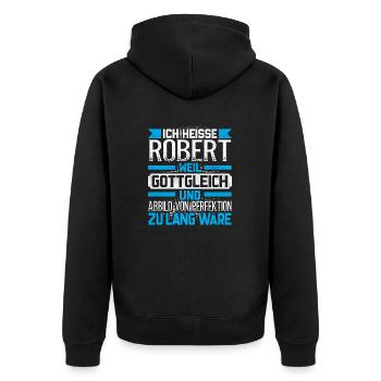 ROBERT - Gottgleich - Unisex Premium Bio Zip Hoodie - Schwarz - Hinten - Nico (187cm)