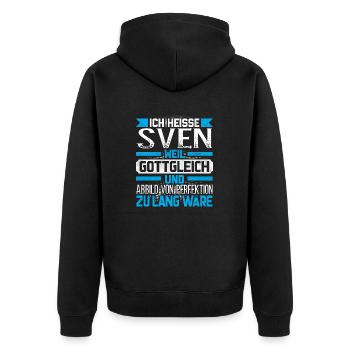 SVEN -Gottgleich - Unisex Premium Bio Zip Hoodie - Schwarz - Hinten - Nico (187cm)