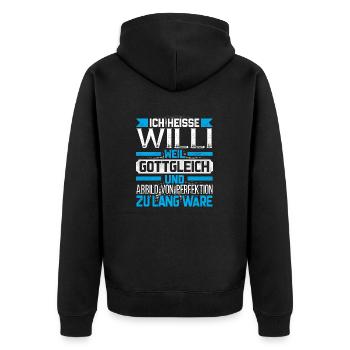 WILLI - Gottgleich - Unisex Premium Bio Zip Hoodie - Schwarz - Hinten - Nico (187cm)