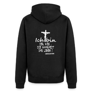 Jesus der Weg, die Wahrheit, das Leben - Unisex Premium Bio Zip Hoodie - Schwarz - Hinten - Nico (187cm)