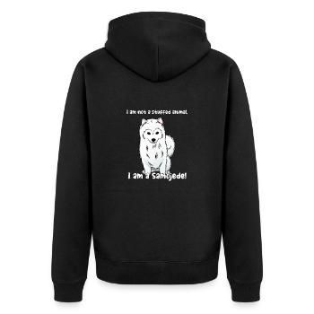 Ich bin kein Kuscheltier. Ich bin ein Samojede! - Unisex Premium Bio Zip Hoodie - Schwarz - Hinten - Nico (187cm)
