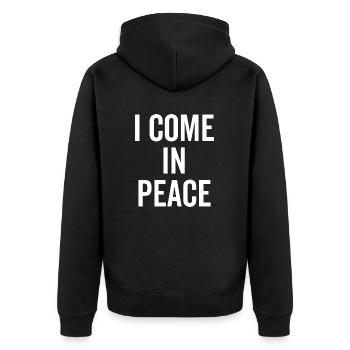 Ich komme in Frieden - Unisex Premium Bio Zip Hoodie - Schwarz - Hinten - Nico (187cm)