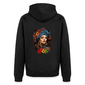 Black Woman 1865 Juneteenth - Unisex Premium Bio Zip Hoodie - Schwarz - Hinten - Nico (187cm)