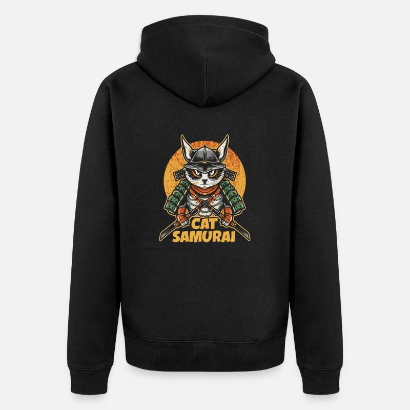 Katze Samurai - Unisex Premium Bio Zip Hoodie - Schwarz