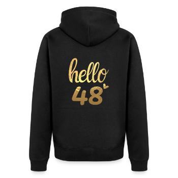 Hello 48 gold - Unisex Premium Organic Zip Hoodie - black - Back - Nico (187cm)