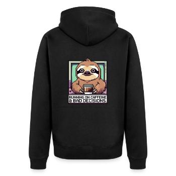 Running on Caffeine and Bad Decisions – Pixel Slot - Unisex Premium Bio Zip Hoodie - Schwarz - Hinten - Nico (187cm)