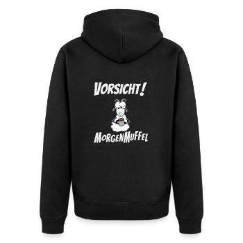 Vorsicht Morgenmuffel - Unisex Premium Bio Zip Hoodie - Schwarz - Hinten - Nico (187cm)