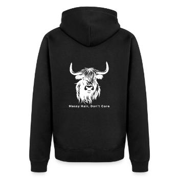 Highland Cow Messy Hair Don't Care Cow Farm - Unisex Premium Bio Zip Hoodie - Schwarz - Hinten - Nico (187cm)