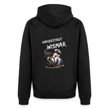 Hanseatic City of Wismar with funny seagull and anchor - Unisex Premium Organic Zip Hoodie - black - Back - Nico (187cm)