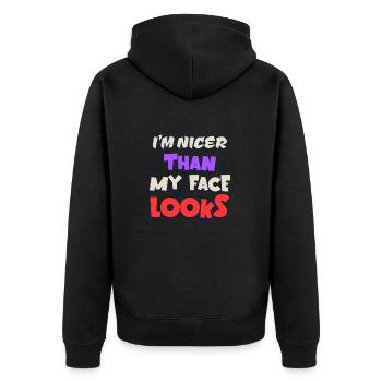 Ich bin netter als mein Gesicht aussieht Lustiges Sarkastisches Zitat - Unisex Premium Bio Zip Hoodie - Schwarz - Hinten - Nico (187cm)