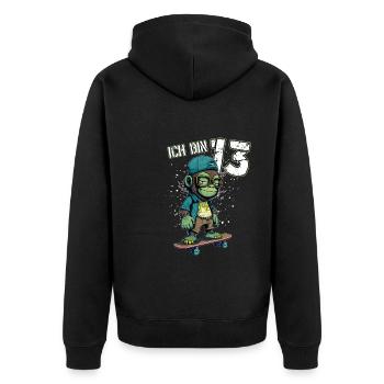 Kinder Geburtstag 13 Jahre - Skater Affe - Unisex Premium Bio Zip Hoodie - Schwarz - Hinten - Nico (187cm)