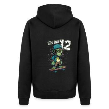 Kinder Geburtstag 12 Jahre - Skater Affe - Unisex Premium Bio Zip Hoodie - Schwarz - Hinten - Nico (187cm)
