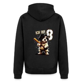 Kinder Geburtstag 8 Jahre - Baseball und Hunde - Unisex Premium Bio Zip Hoodie - Schwarz - Hinten - Nico (187cm)