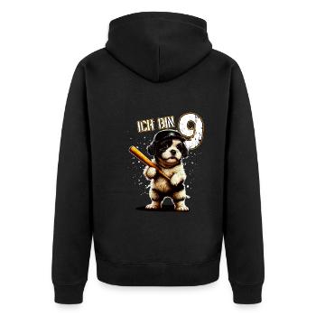 Kinder Geburtstag 9 Jahre - Baseball und Hunde - Unisex Premium Bio Zip Hoodie - Schwarz - Hinten - Nico (187cm)