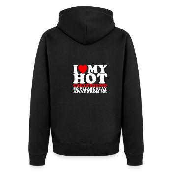 I LOVE MY HOT GIRLFRIEND SO STAY AWAY FROM ME - - Unisex Premium Organic Zip Hoodie - black - Back - Nico (187cm)