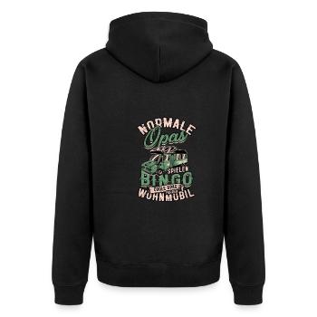 NORMALE OPAS SPIELEN BINGO COOLE OPAS WOHNMOBIL - - Unisex Premium Bio Zip Hoodie - Schwarz - Hinten - Nico (187cm)