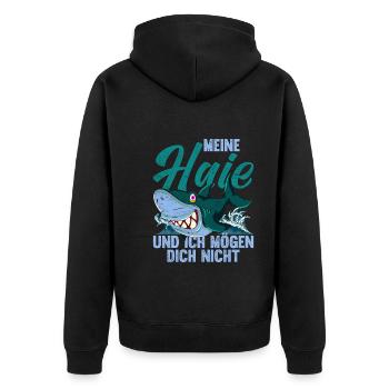 Meine Haie und ich mögen dich nicht Lustiges Hai - Unisex Premium Bio Zip Hoodie - Schwarz - Hinten - Nico (187cm)