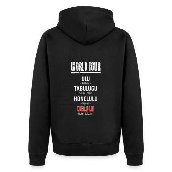 Statement.-Shirt: World-Tour Delulu - Unisex Premium Bio Zip Hoodie - Schwarz - Hinten - Nico (187cm)
