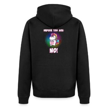 Before you ask: No! - Unisex Premium Bio Zip Hoodie - Schwarz - Hinten - Nico (187cm)