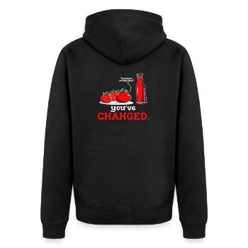 Tomate Ketchup Lustiges Tomayra Grafikdesign - Unisex Premium Bio Zip Hoodie - Schwarz - Hinten - Nico (187cm)