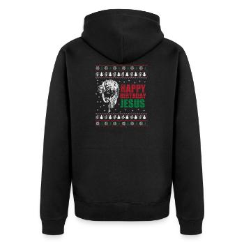 Happy Birthday Jesus Ugly Christmas Sweater - Unisex Premium Bio Zip Hoodie - Schwarz - Hinten - Nico (187cm)