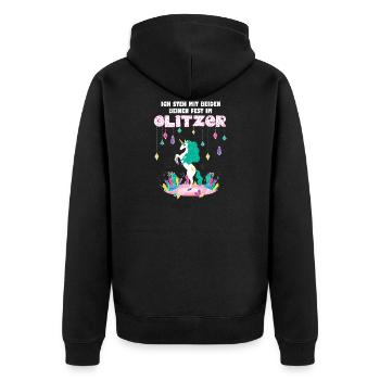 Ich steh mit beiden Beinen fest im Glitzer Einhorn - Unisex Premium Bio Zip Hoodie - Schwarz - Hinten - Nico (187cm)
