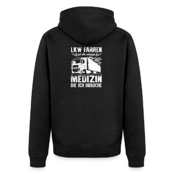 LKW-Fahrer Shirt · Lastwagen · LKW · Fahrer - Unisex Premium Bio Zip Hoodie - Schwarz - Hinten - Nico (187cm)