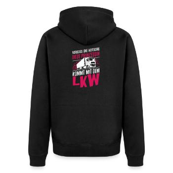 LKW-Fahrerin Shirt · Lastwagen · Truck Prinzessin - Unisex Premium Bio Zip Hoodie - Schwarz - Hinten - Nico (187cm)