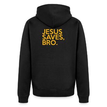 Jesus Saves Bro - Unisex Premium Bio Zip Hoodie - Schwarz - Hinten - Nico (187cm)