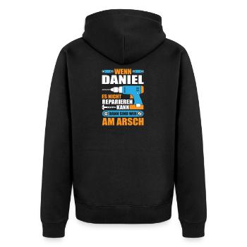 Daniel Name Geschenk Reparatur reparieren - Unisex Premium Bio Zip Hoodie - Schwarz - Hinten - Nico (187cm)