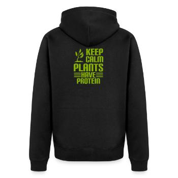 KEEP CALM - PLANTS HAVE PROTEIN - Vegan - Unisex Premium Bio Zip Hoodie - Schwarz - Hinten - Nico (187cm)
