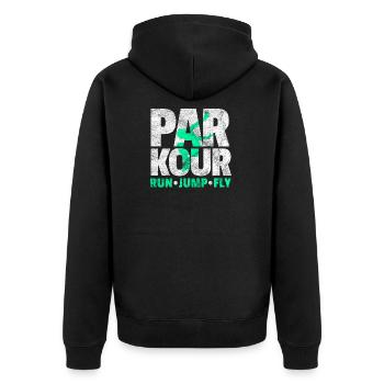 Parkour Geschenk Le Parcour Freerunning - Unisex Premium Bio Zip Hoodie - Schwarz - Hinten - Nico (187cm)