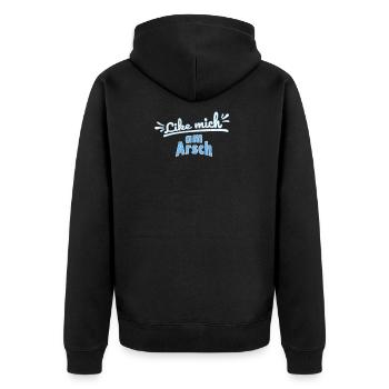 Like mich am Arsch Shirt - Unisex Premium Bio Zip Hoodie - Schwarz - Hinten - Nico (187cm)