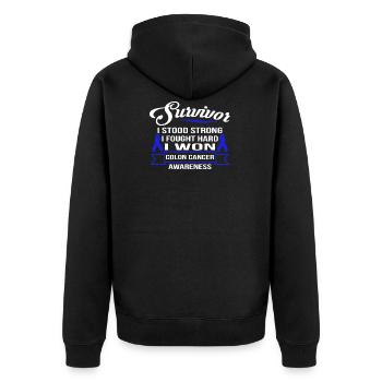 Survivor Colon Cancer Awareness T-shirt - Unisex Premium Organic Zip Hoodie - black - Back - Nico (187cm)