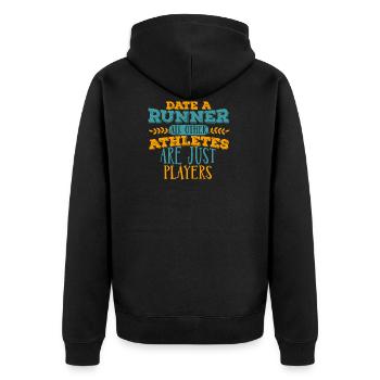 I date runners T-Shirt - Unisex Premium Bio Zip Hoodie - Schwarz - Hinten - Nico (187cm)