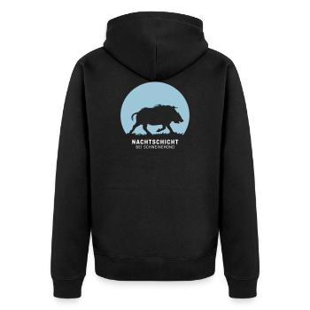 Nachtschicht bei Schweinemond! Jäger Shirt Jaeger - Unisex Premium Bio Zip Hoodie - Schwarz - Hinten - Nico (187cm)