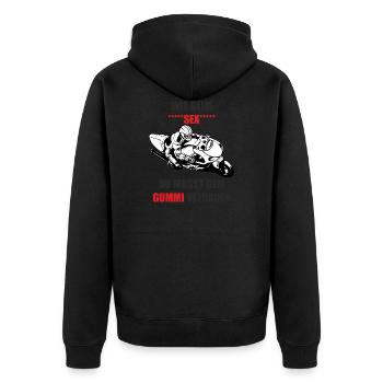 Wie beim Sex - du musst dem Gummi vertrauen - Unisex Premium Bio Zip Hoodie - Schwarz - Hinten - Nico (187cm)