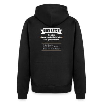 Drei Sätze lange glückliche Ehe garantieren lustig - Unisex Premium Bio Zip Hoodie - Schwarz - Hinten - Nico (187cm)