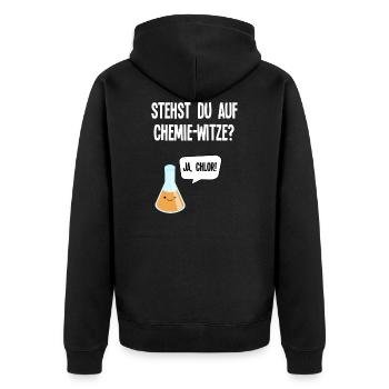 "Stehst du auf Chemie-Witze? Ja, Chlor" Design - Unisex Premium Bio Zip Hoodie - Schwarz - Hinten - Nico (187cm)