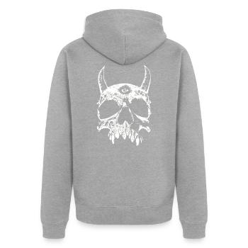 Der Teufel sieht alles - Unisex Premium Bio Zip Hoodie - Grau meliert - Hinten - Nico (187cm)