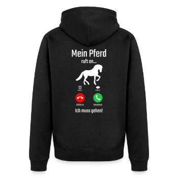 Mein Pferd ruft an Ich muss gehen - Unisex Premium Bio Zip Hoodie - Schwarz - Hinten - Nico (187cm)