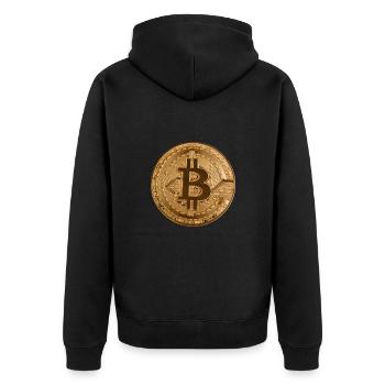 Bouton « BITCOIN » design, logo, autocollant, aimant - Veste à capuche bio Premium Unisexe - noir - Dos - Nico (187cm)