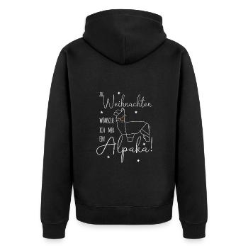Zu Weihnachten wünsche ich mir ein Alpaka - Unisex Premium Bio Zip Hoodie - Schwarz - Hinten - Nico (187cm)