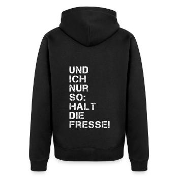 Fresse halten - Unisex Premium Bio Zip Hoodie - Schwarz - Hinten - Nico (187cm)