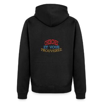 CHERCHEZ ET VOUS TROUVEREZ - Rouge Bleu Dorée - Veste à capuche bio Premium Unisexe - noir - Dos - Nico (187cm)
