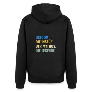 Usedom. Die Insel. Der Mythos. Die Legende Ostsee - Unisex Premium Bio Zip Hoodie - Schwarz - Hinten - Nico (187cm)