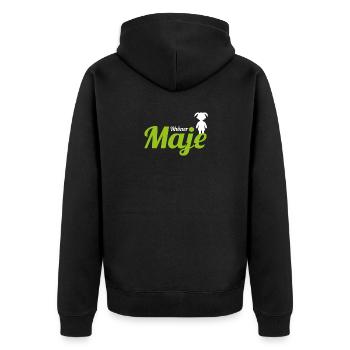"Rhöner Maje" Shirt für alle Rhöner Mädchen - Unisex Premium Bio Zip Hoodie - Schwarz - Hinten - Nico (187cm)